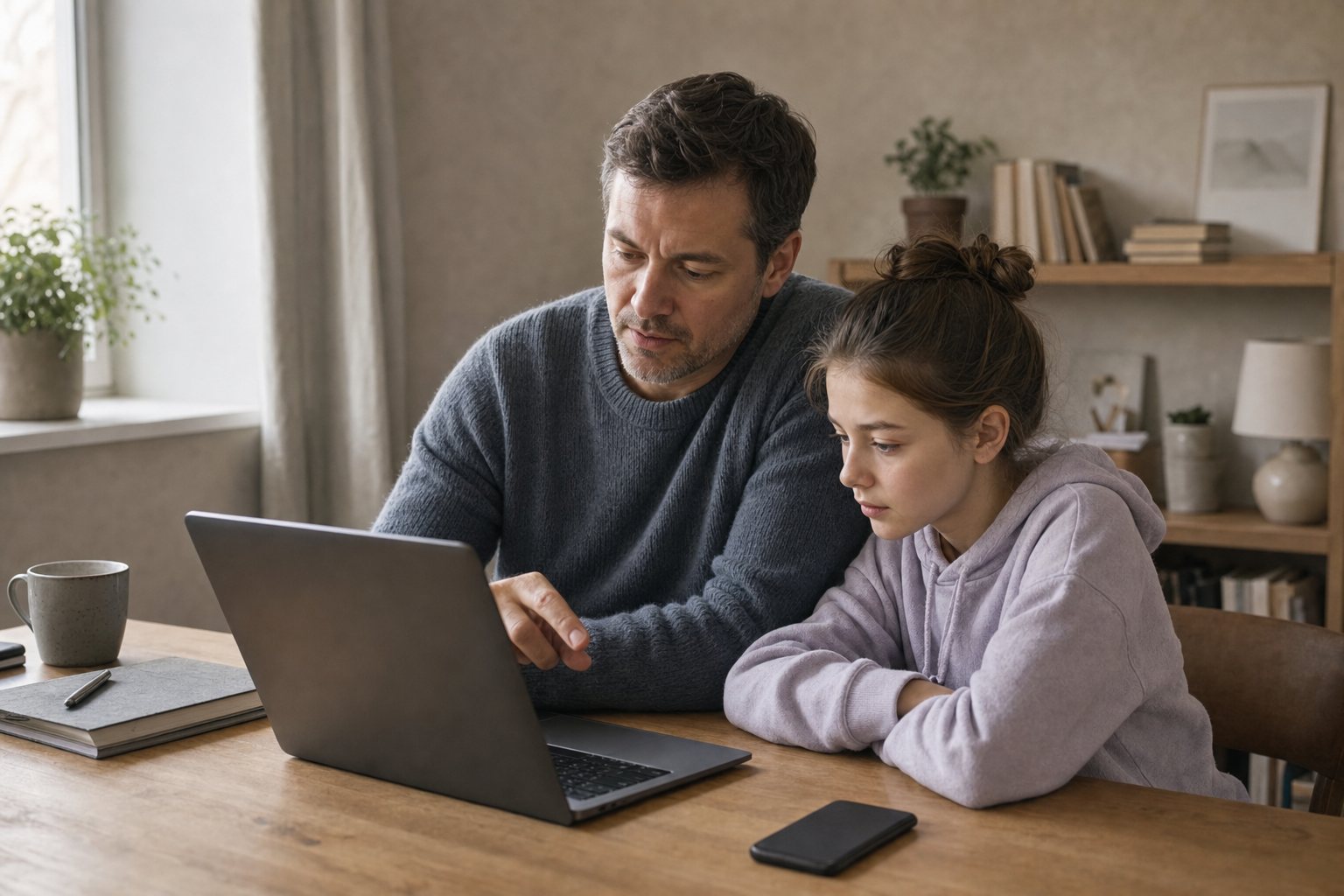 A father and daughter looking at a laptop together at a table, a phone lying nearby