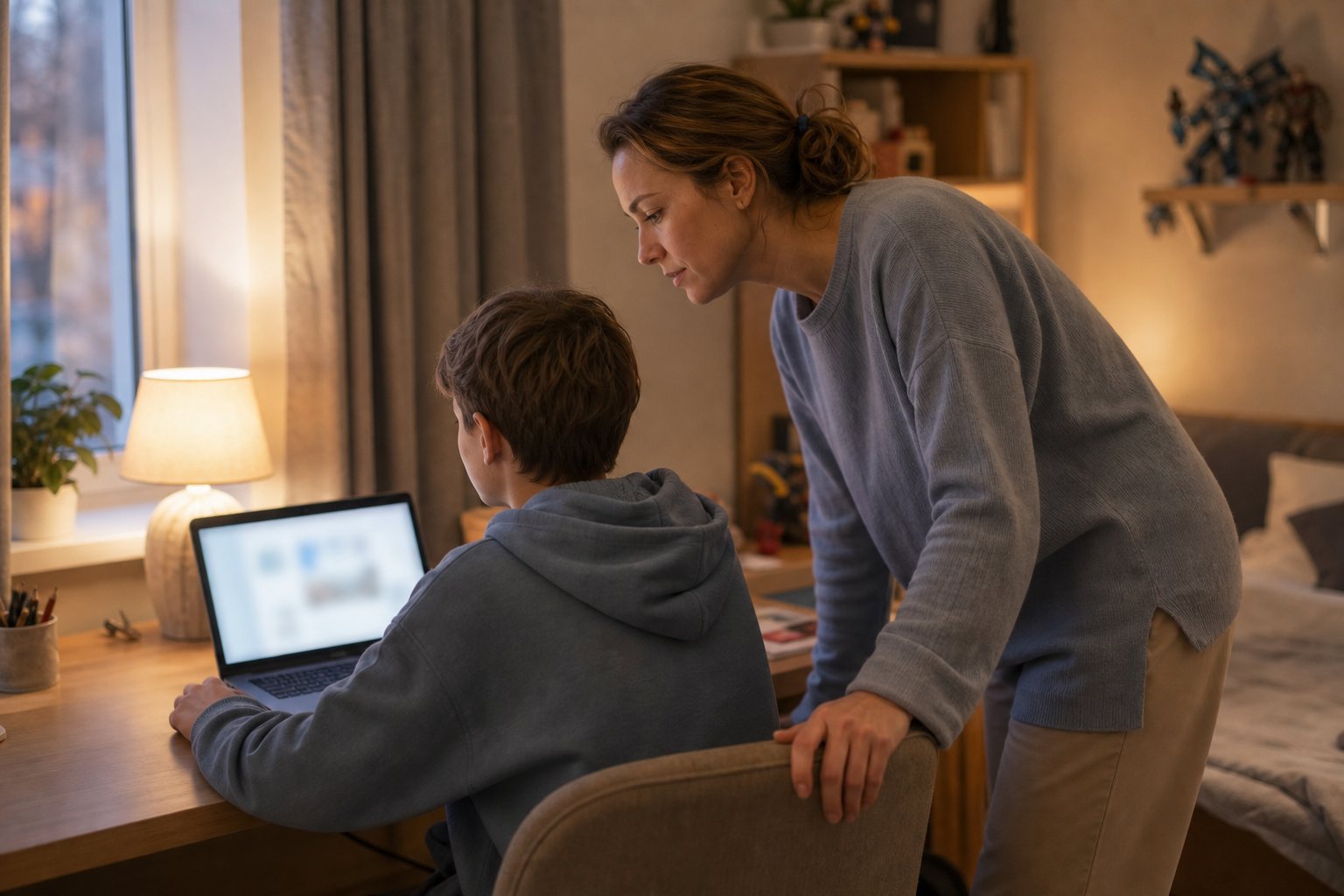 A mother standing behind her son, watching what he plays on a laptop