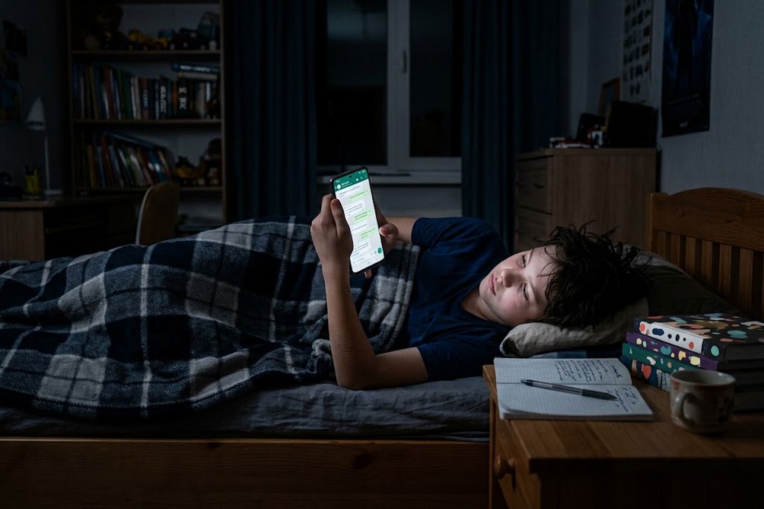 A teenager lies in bed late in the evening, texting in a group chat, with a notebook and textbooks for tomorrow on the nightstand