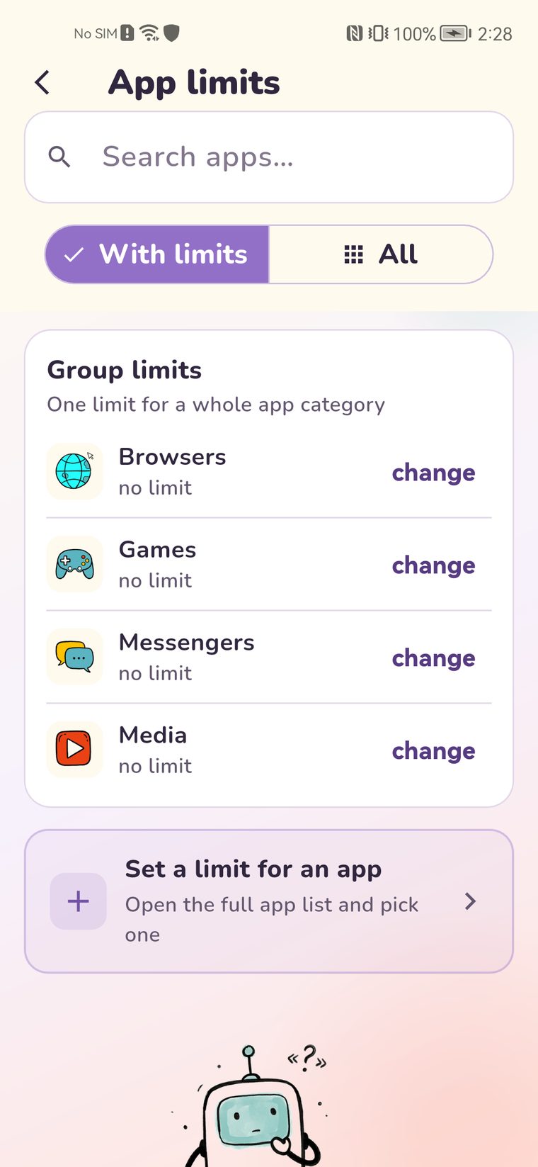 Gardion app limits screen: limits by category and per individual app