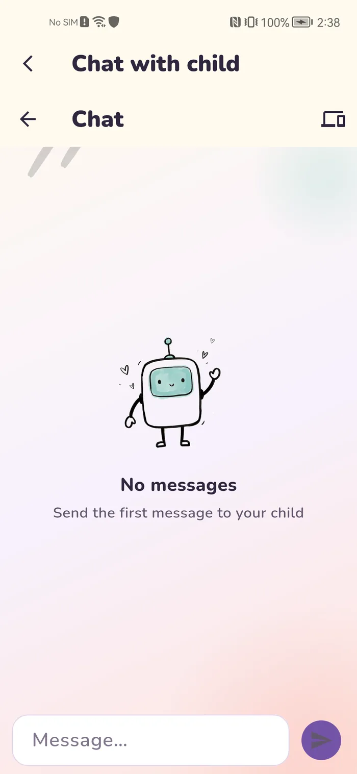 Chat screen in the Gardion parent app: messages between parent and child inside the app