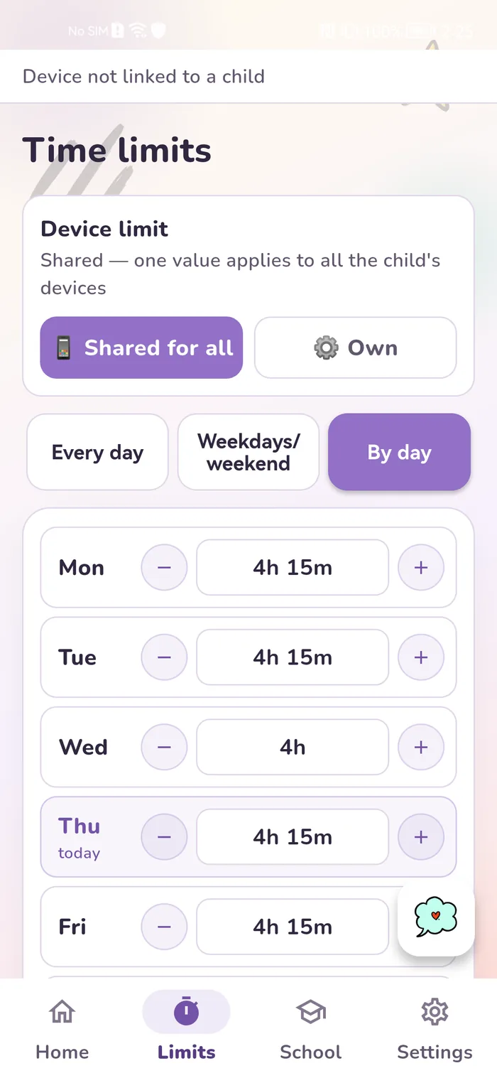 Time limits screen in the Gardion Family app