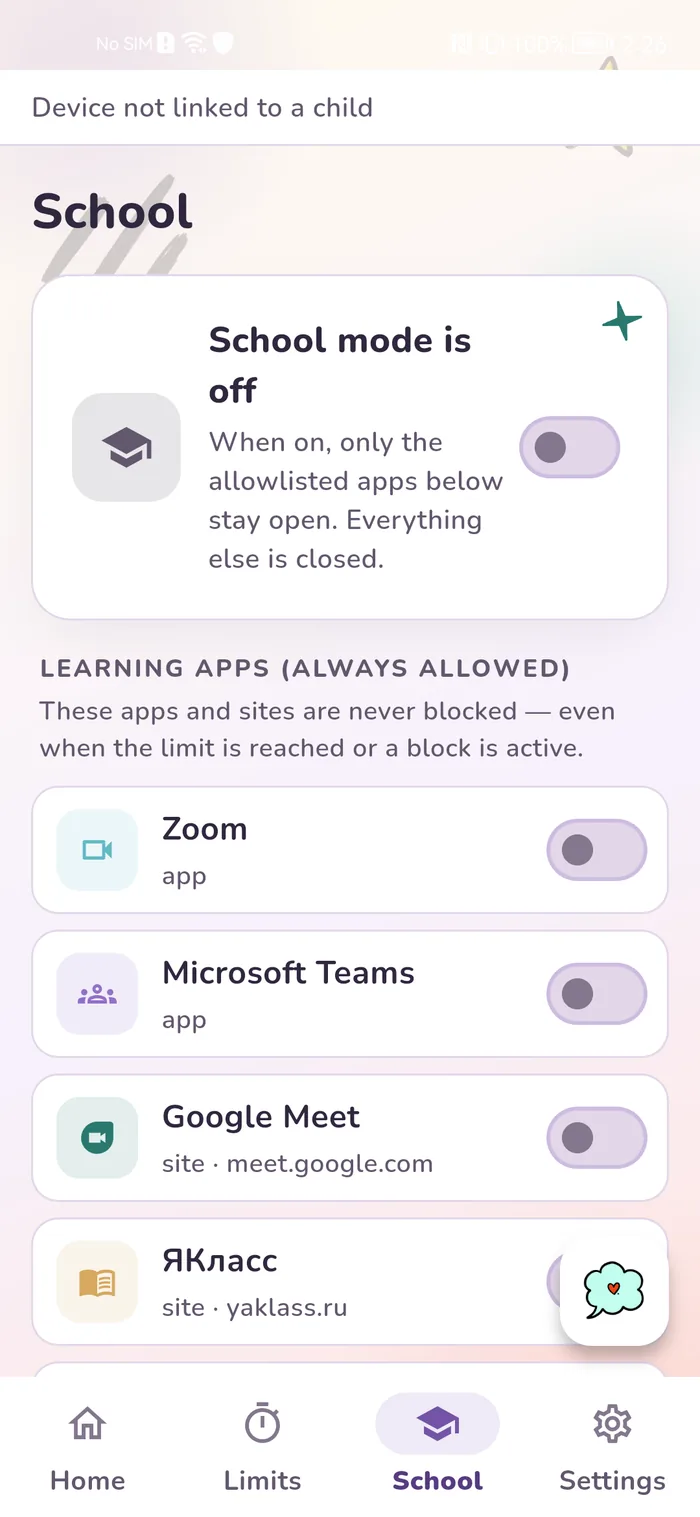 The School Mode screen in the Gardion parent app listing the study and communication apps that stay available