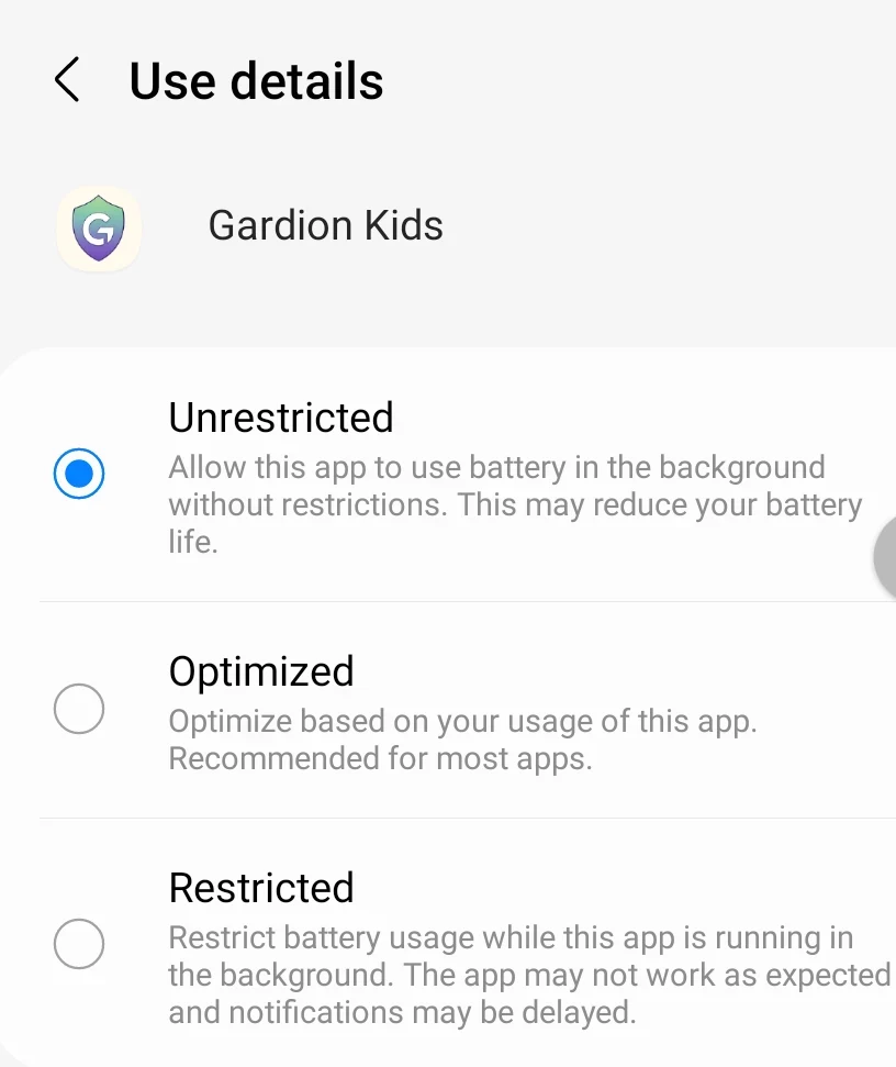 Battery mode choice for an app on Samsung: Unrestricted, Optimised, Restricted