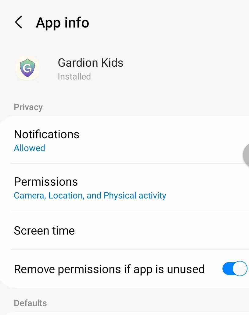 Samsung app info screen with “Remove permissions if app is unused” switched on